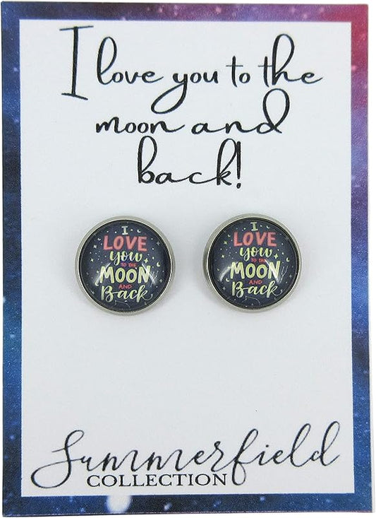 Summerfield Collection Stainless Steel I Love You to the Moon and Back Print Glass Stud Earrings 12mm (Stars)