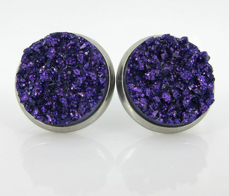 Summerfield Collection Trio Stainless Steel Glitter Faux Druzy Stone Stud Earrings Set 12mm (Pink/Purple)