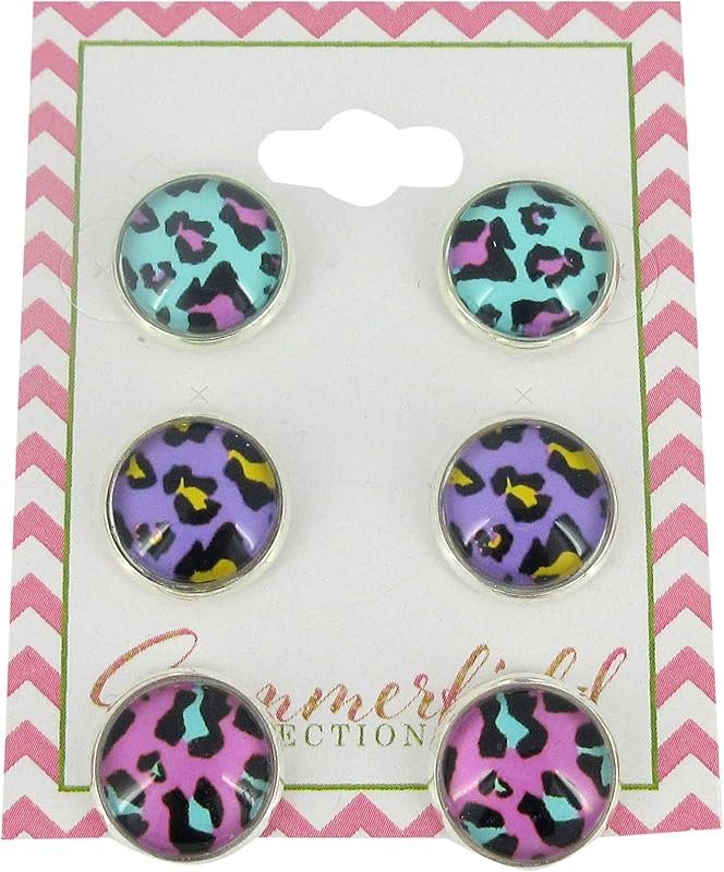 Summerfield Collection Stainless Steel Trio Animal Print Glass Stud Earrings 12mm Set