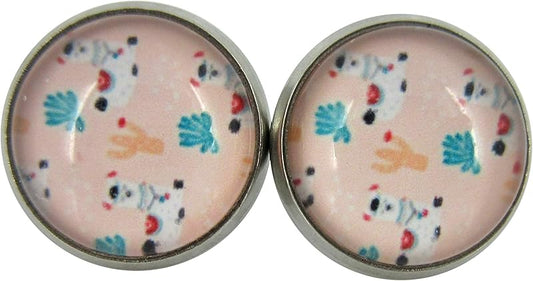 Summerfield Collection Stainless Steel Llama Print Glass Stud Earrings 12mm (Pink Pattern)