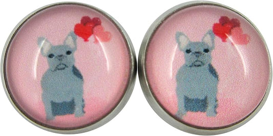 Summerfield Collection Stainless Steel Pink Gray French Bulldog Hearts Print Glass Stud Earrings 12mm
