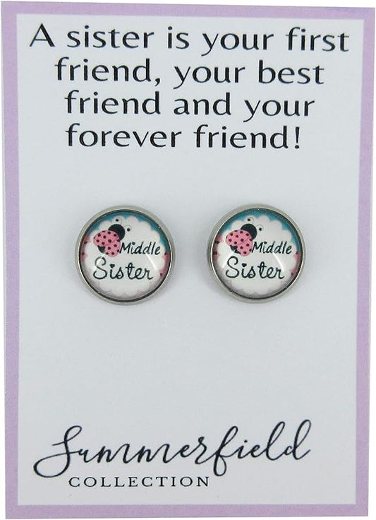 Summerfield Collection Stainless Steel Sister Print Glass Stud Earrings 12mm (Middle Sister)