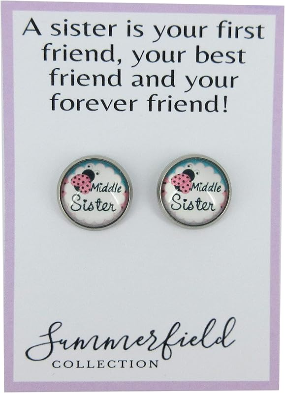 Summerfield Collection Stainless Steel Sister Print Glass Stud Earrings 12mm (Middle Sister)