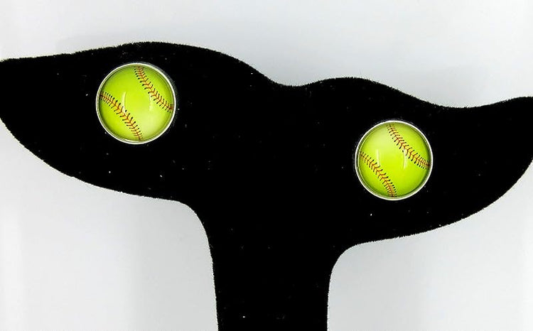 Summerfield Collection Silver-tone Softball Print Glass Stud Earrings 12mm