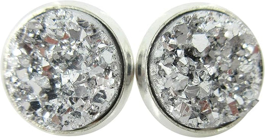 Silver-tone Metallic Faux Druzy Stone Stud Earrings 12mm (Silver)