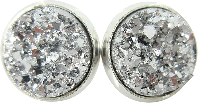 Silver-tone Metallic Faux Druzy Stone Stud Earrings 12mm (Silver)