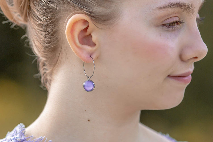 Stainless Steel Lavender Purple Glass Charm Hoop Earrings Hand-painted 1"