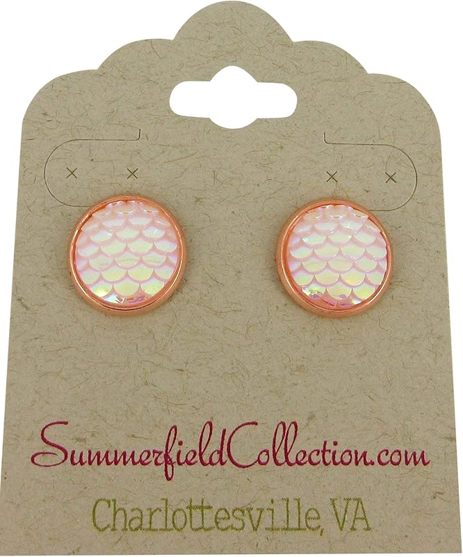 Summerfield Collection Rose Gold-tone Light Pink White AB Mermaid Scale Stud Earrings Dragon (12mm)
