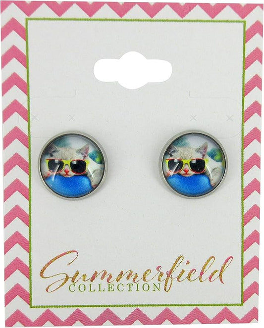 Summerfield Collection Stainless Steel Cat Lover Printed Glass Stud Earrings 12mm (Cool Cat)