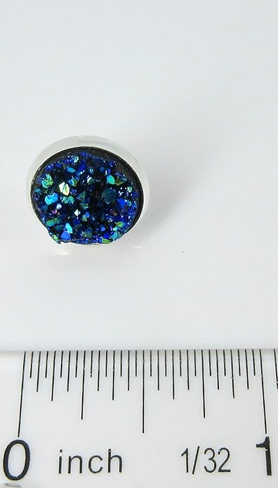 Silver-tone Metallic Faux Druzy Stone Stud Earrings 12mm (Blue)