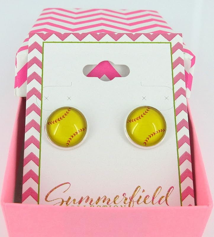 Summerfield Collection Silver-tone Softball Print Glass Stud Earrings 12mm Yellow