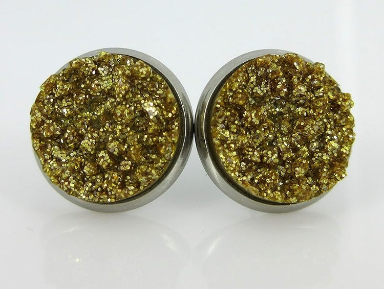 Summerfield Collection Duo Stainless Steel Glitter Faux Druzy Stone Stud Earrings Set (Dark Maroon/Gold)
