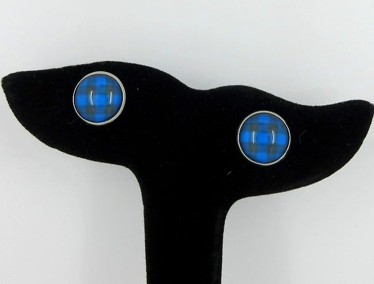 Summerfield Collection Stainless Steel Buffalo Plaid Print Glass Stud Earrings 12mm (Blue/Dk Gray)