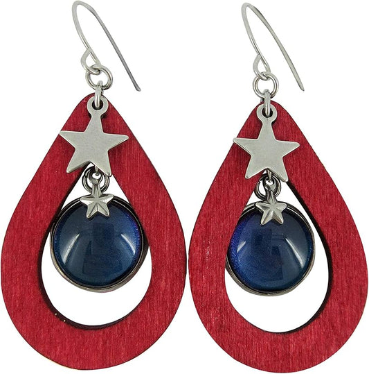 Summerfield Collection Stainless Steel Patriotic Glass Star Charm Teardrop Wood Dangle Earrings Hand-painted
