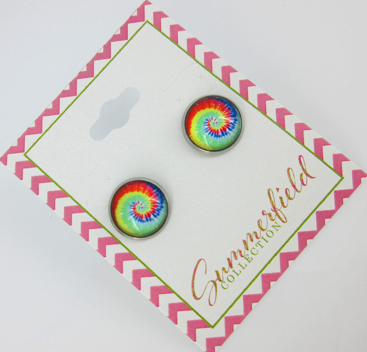 Stainless Steel Tie Dye Print Glass Stud Earrings 12mm (Aqua/Royal Swirl)