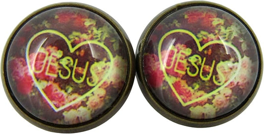 Summerfield Collection Antiqued Gold-tone Jesus Heart Flower Print Glass Stud Earrings 12mm