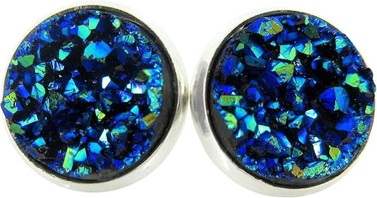 Silver-tone Metallic Faux Druzy Stone Stud Earrings 12mm (Blue)