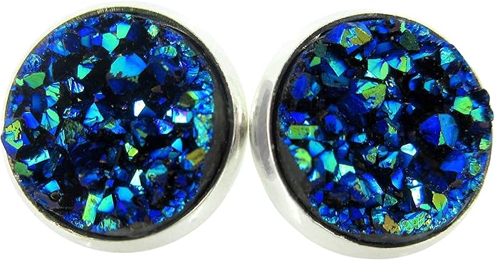 Silver-tone Metallic Faux Druzy Stone Stud Earrings 12mm (Blue)