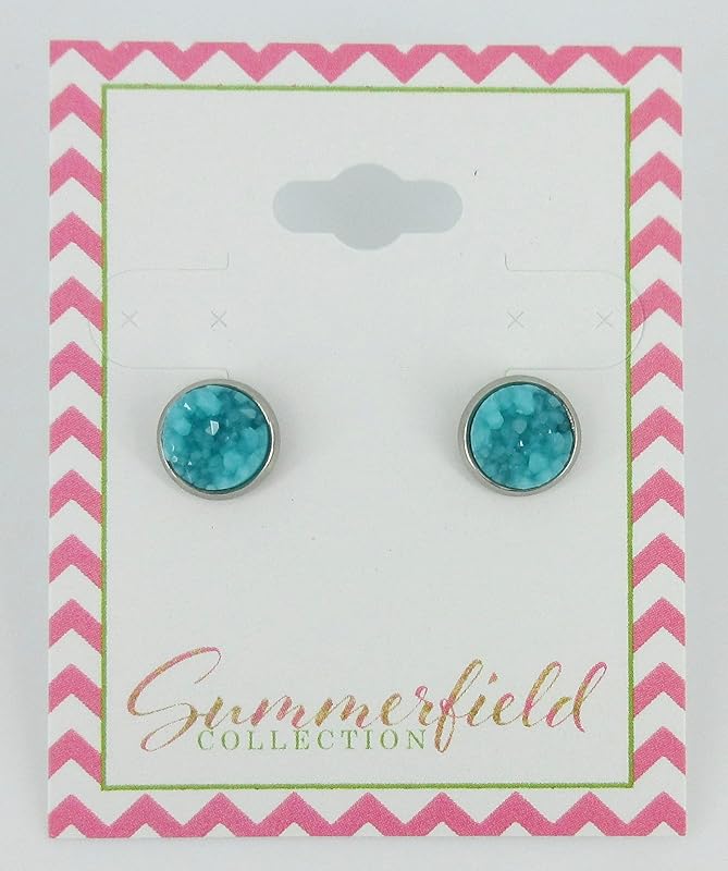 Summerfield Collection Stainless Steel Matte Faux Druzy Stone Stud Earrings 8mm (Aqua Blue)