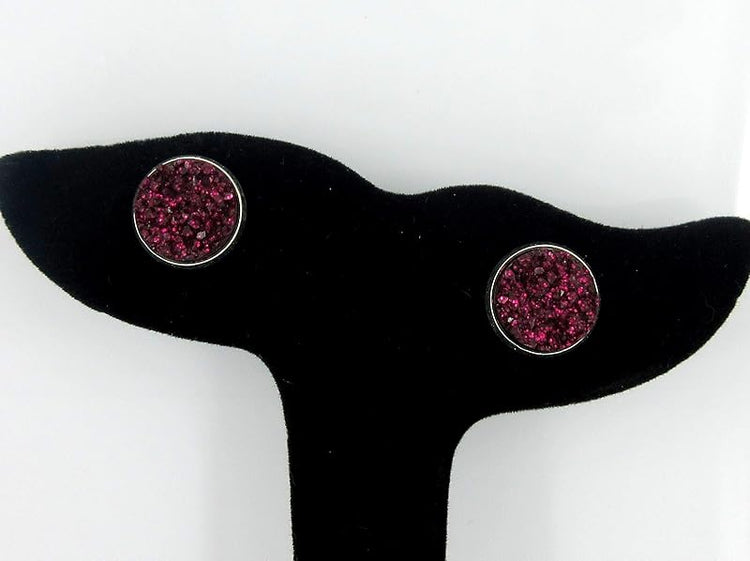 Summerfield Collection Silver-tone Maroon with Pink Glitter Faux Druzy Stone Stud Earrings (12mm)