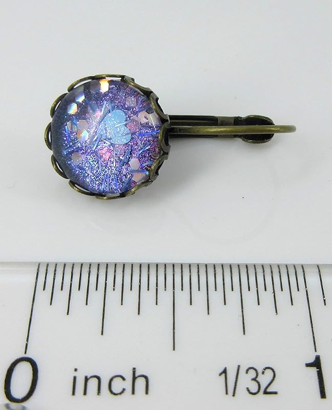 Summerfield Collection Antiqued Gold-tone Blue Purple Heart Bar Glitter Glass Drop Earrings Hand-painted