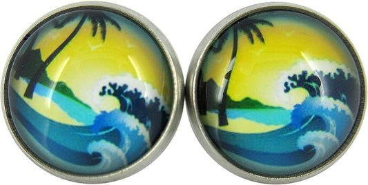 Summerfield Collection Stainless Steel Blue and Yellow Ocean Waves Scene Print Glass Stud Earrings 12mm