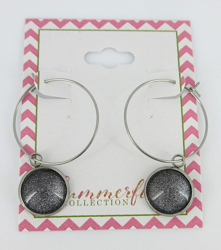 Summerfield Collection Stainless Steel Charcoal Gray Glitter Glass Charm Hoop Earrings Hand-painted 1"