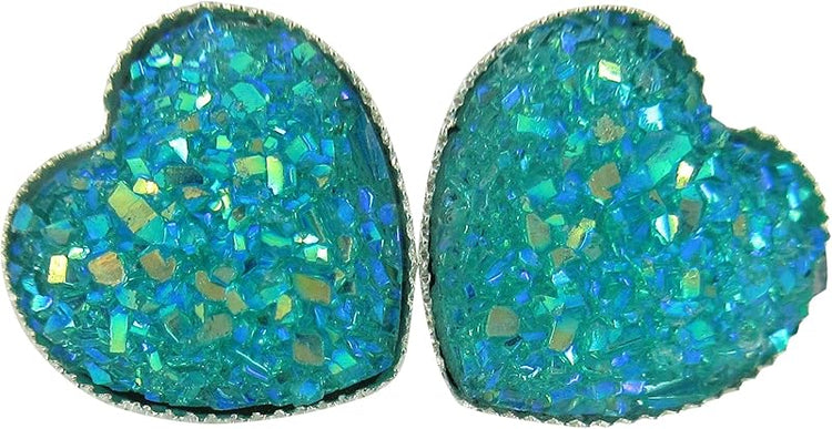 Summerfield Collection Silver-tone Heart Faux Druzy Stone Stud Earrings 12mm (Aqua Blue AB)