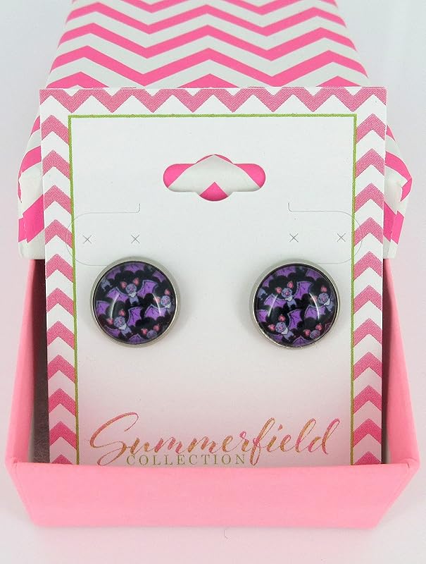 Summerfield Collection Stainless Steel Halloween Printed Glass Stud Earrings 12mm (Purple Bat)