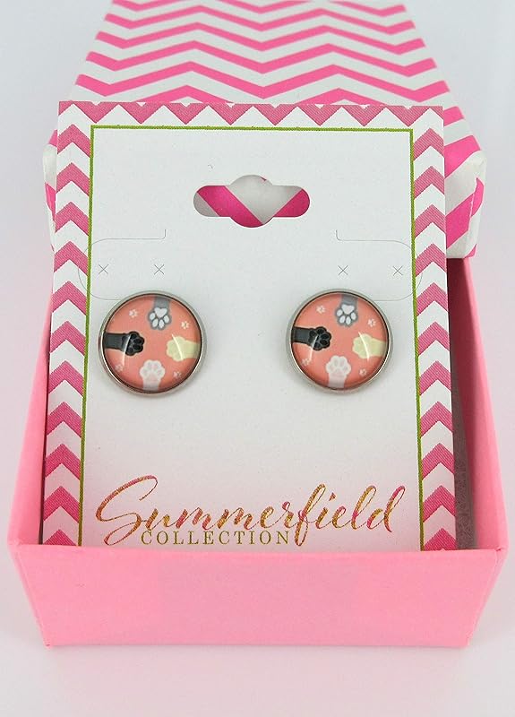 Summerfield Collection Stainless Steel Cat Paw Print Glass Stud Earrings 12mm (Peach)