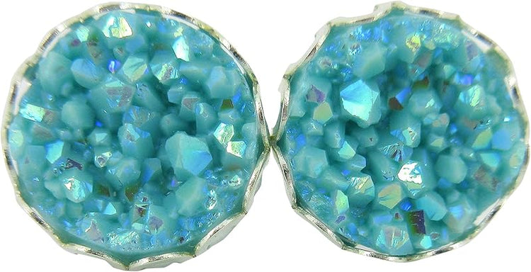 Summerfield Collection Silver-tone Faux Druzy Stone Stud Earrings 12mm (Robin Egg Blue AB)