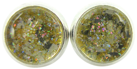 Silver-tone Yellow Gold Glitter Glass Stud Earrings Hand-painted 8mm