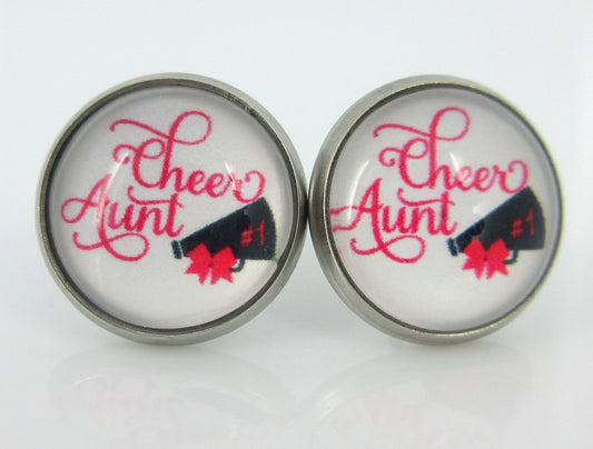 Stainless Steel Cheer Printed Glass Stud Earrings 12mm (Cheer Aunt)