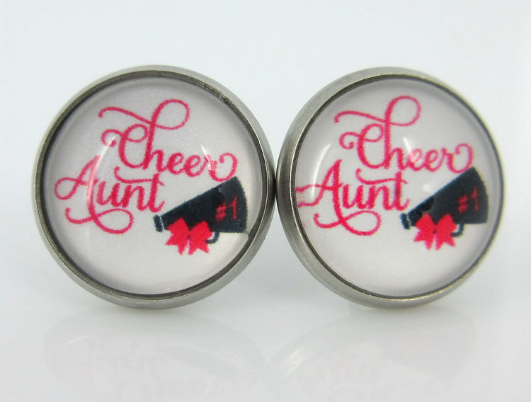 Stainless Steel Cheer Printed Glass Stud Earrings 12mm (Cheer Aunt)