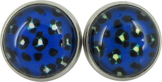 Summerfield Collection Stainless Steel Royal Blue Animal Print Glass Stud Earrings 12mm