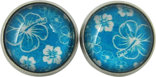 Summerfield Collection Stainless Steel Hibiscus Flower Print Glass Stud Earrings 12mm Hawaiian (Aqua Blue)