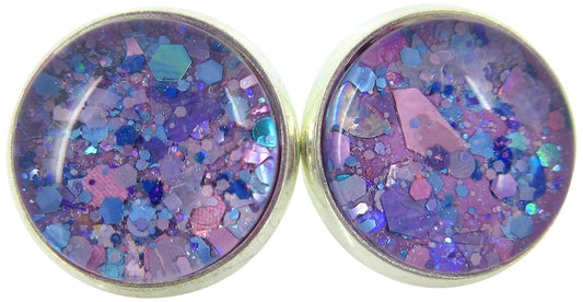 Silver-tone Purple Unicorn Mix Glitter Glass Stud Earrings Hand-painted 12mm