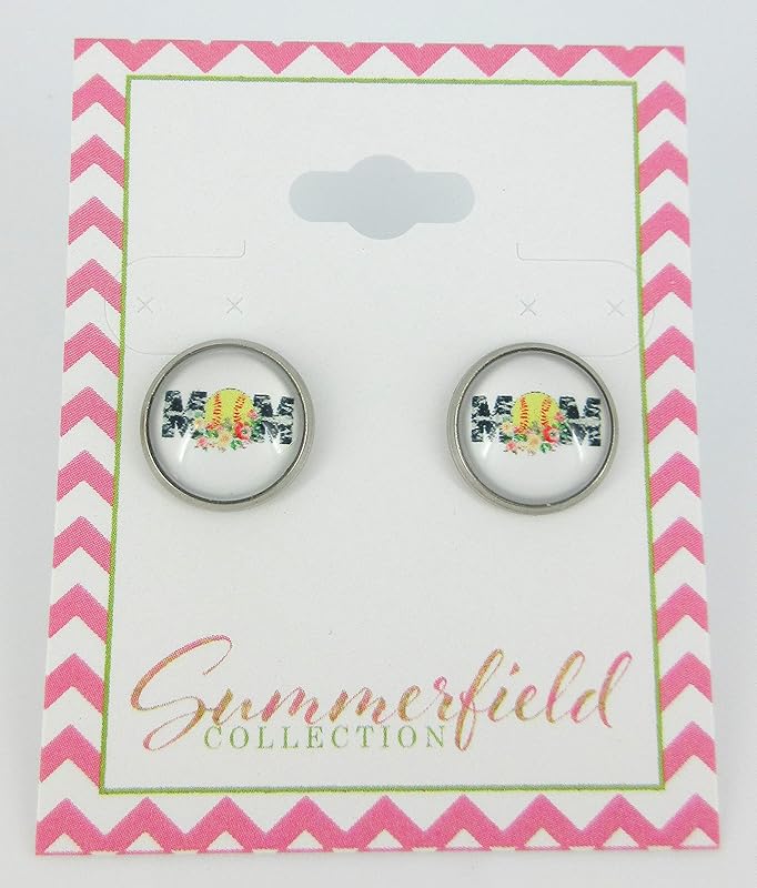 Summerfield Collection Stainless Steel Softball Mom Print Glass Stud Earrings 12mm