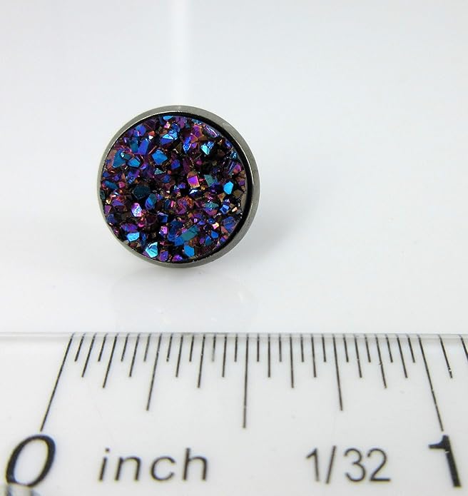 Hematite-tone Faux Druzy Stone Stud Earrings 12mm (Purple Pink and Teal)
