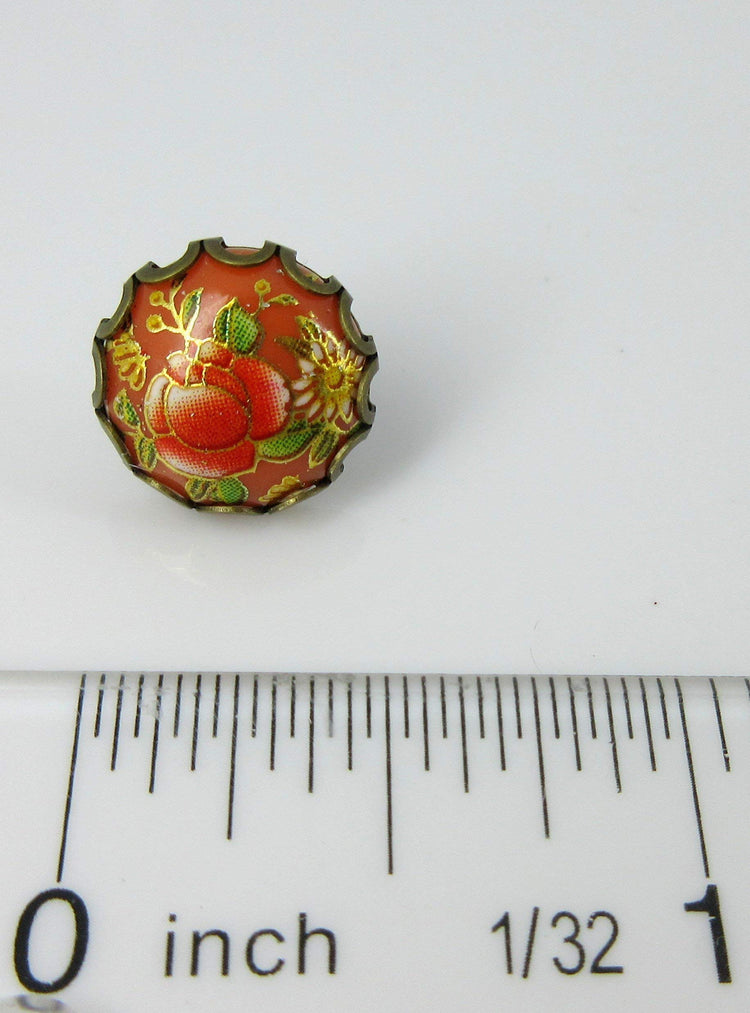 Antiqued Gold-tone Floral Print Stud Earrings 12mm