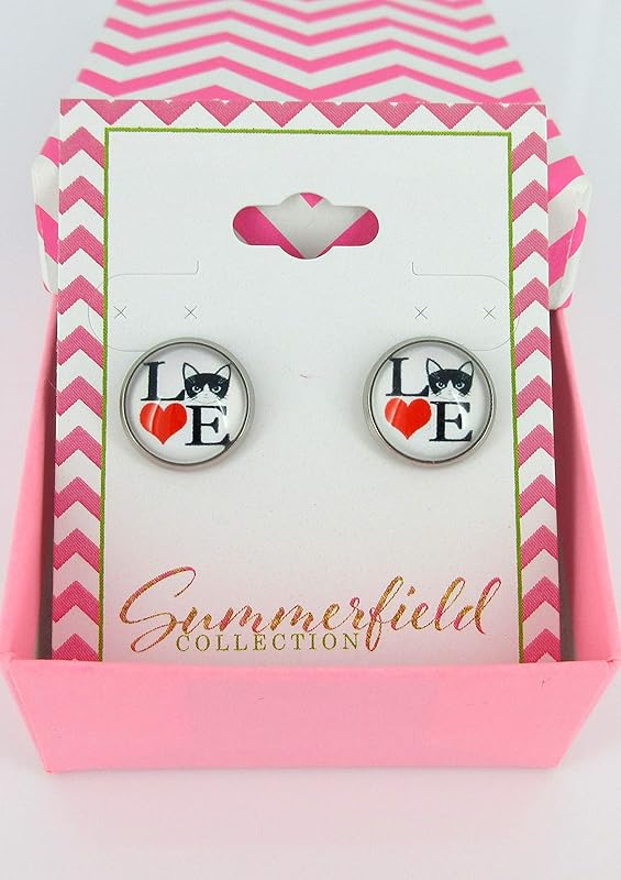 Summerfield Collection Stainless Steel Cat Lover Printed Glass Stud Earrings 12mm (LOVE Cats)