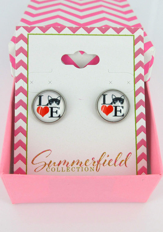 Stainless Steel Love Cats Print Glass Stud Earrings 12mm White Black Red