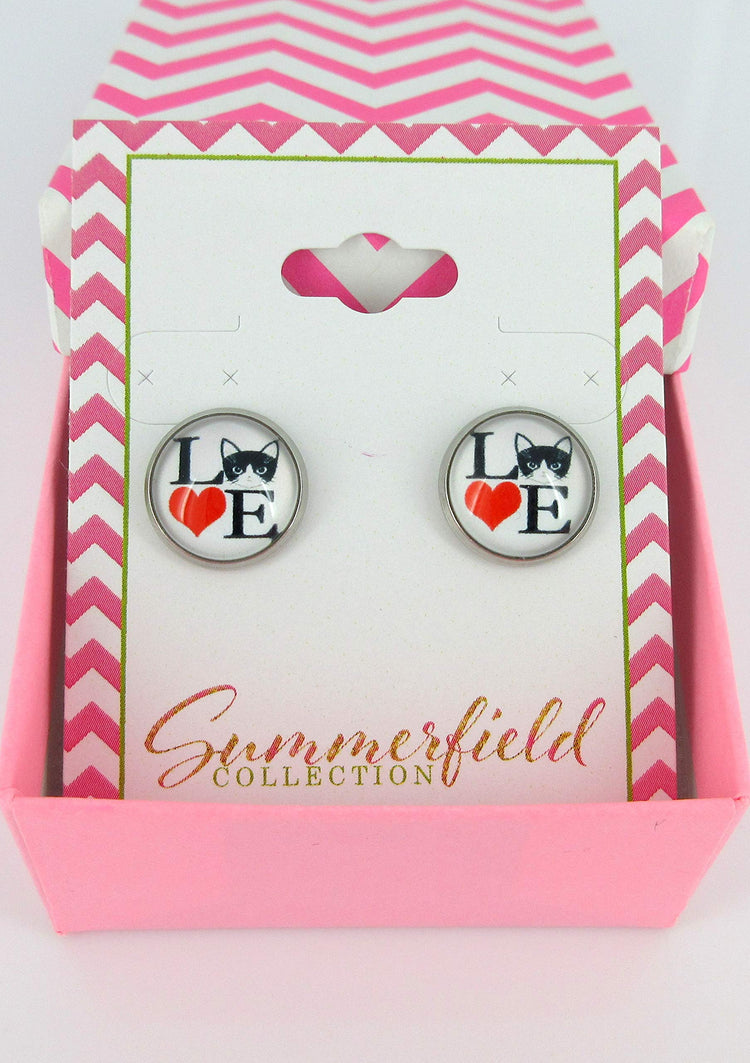 Stainless Steel Love Cats Print Glass Stud Earrings 12mm White Black Red