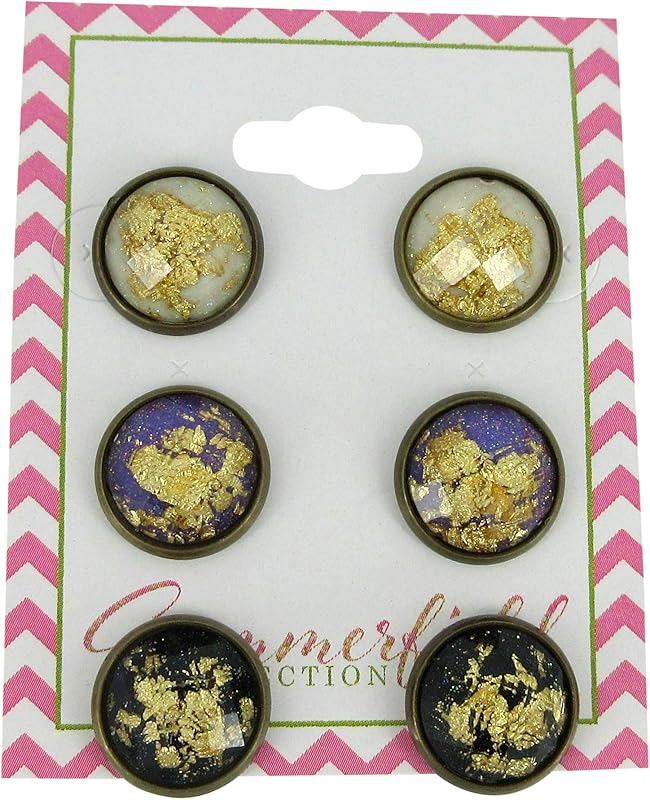 Summerfield Collection Trio Antiqued Gold-tone Leaf Foil Faceted Resin Stud Earrings Set 12mm (Black/Purple/White)