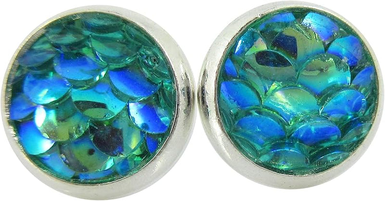 Summerfield Collection Silver-tone Metallic Mermaid Scale Stud Earrings 8mm (Aqua Blue/Green)