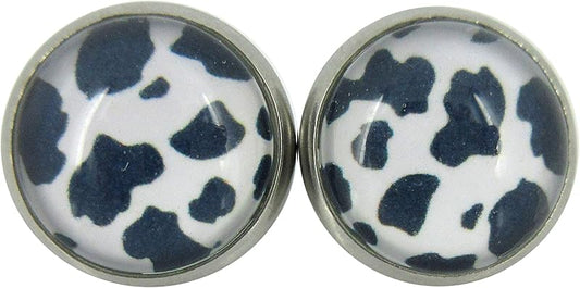 Summerfield Collection Stainless Steel Cow Animal Print Glass Stud Earrings 12mm Black (Black)
