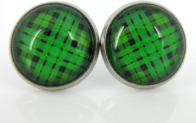 Summerfield Collection Stainless Steel Duo Stud Earrings Plaid Print Glass 12mm Set (Dark)