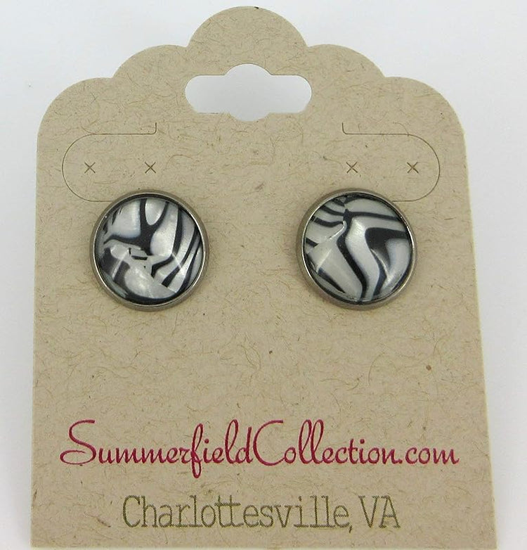 Summerfield Collection Hematite-tone Black and White Zebra Print Stud Earrings 12mm