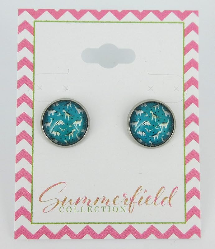 Summerfield Collection Stainless Steel Dinosaur Print Glass Stud Earrings 12mm Teal and White