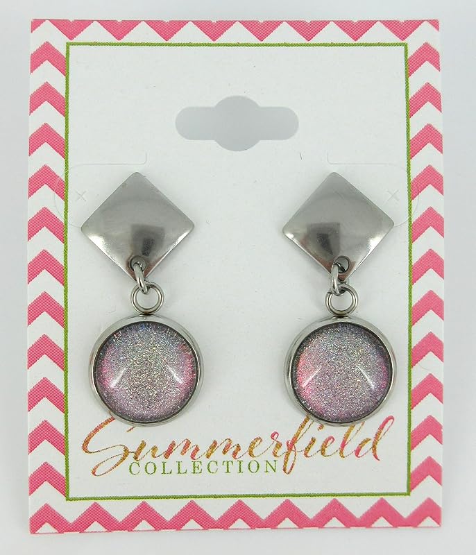 Summerfield Collection Stainless Steel Colorshifting Opalescent Pink Holographic Glitter Glass Post Drop Earrings Handpainted